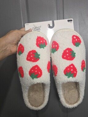 White Strawberry Fuzzy Slippers, Size 9-10